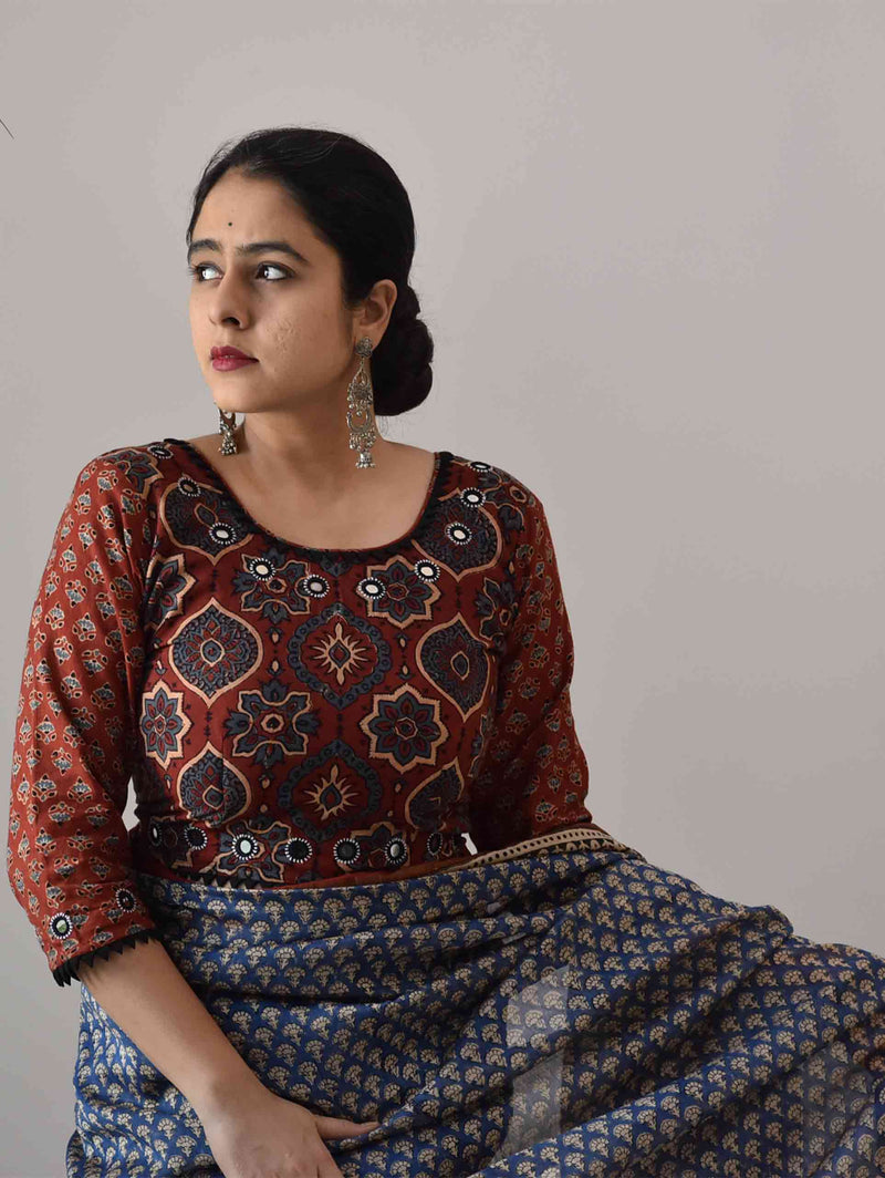 Maroon Bloom Ajrakh hand block printed Kutch mirror work blouse