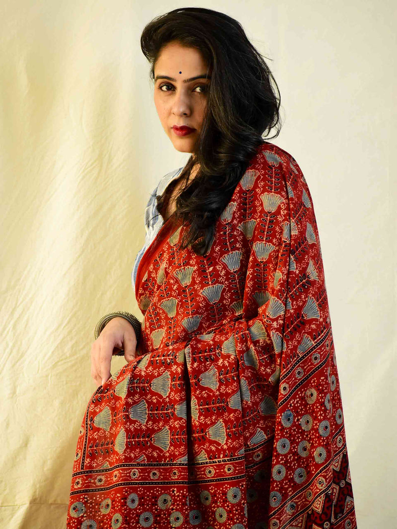 Ishq -  Ajrakh hand block printed mul cotton saree