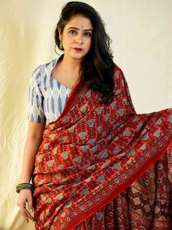 Ishq -  Ajrakh hand block printed mul cotton saree