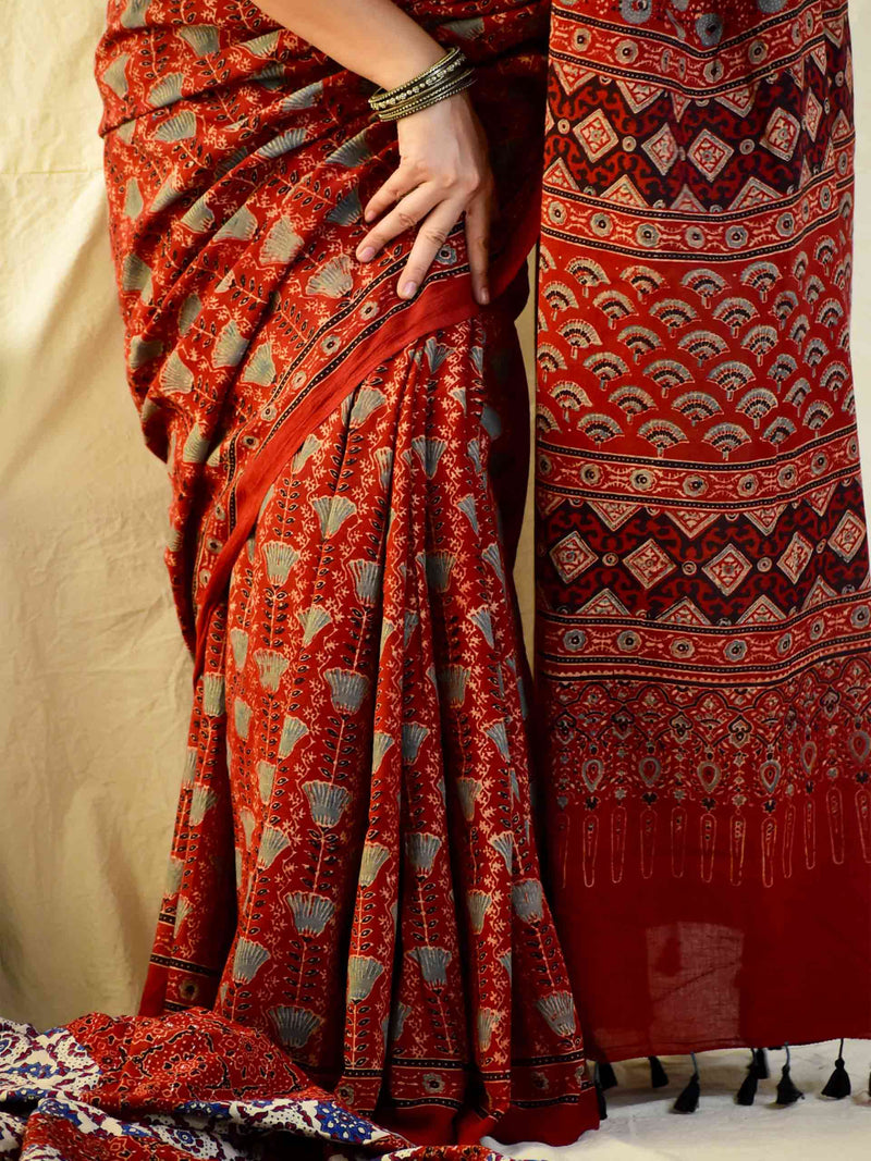 Ishq -  Ajrakh hand block printed mul cotton saree