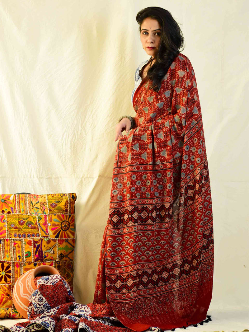 Ishq -  Ajrakh hand block printed mul cotton saree