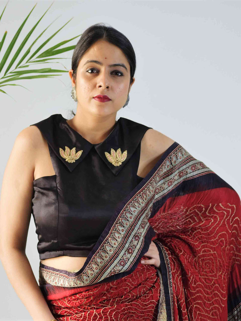 Black Mashru Silk Blouse with Front Embroidery
