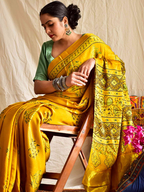 Sunshine yellow - Ajrakh hand block printed Modal Silk Saree with zari pallu