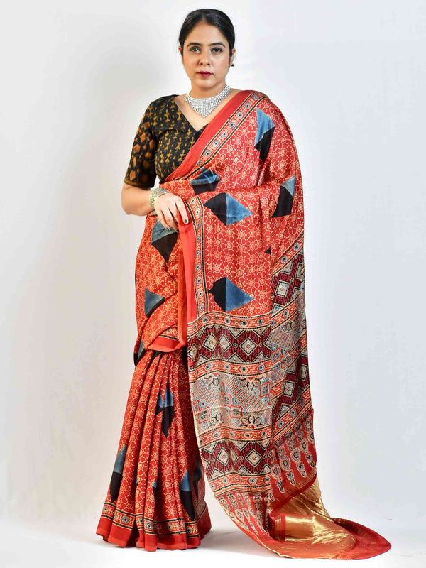 Fuse  - Ajrakh hand block printed Modal Silk Saree with zari pallu