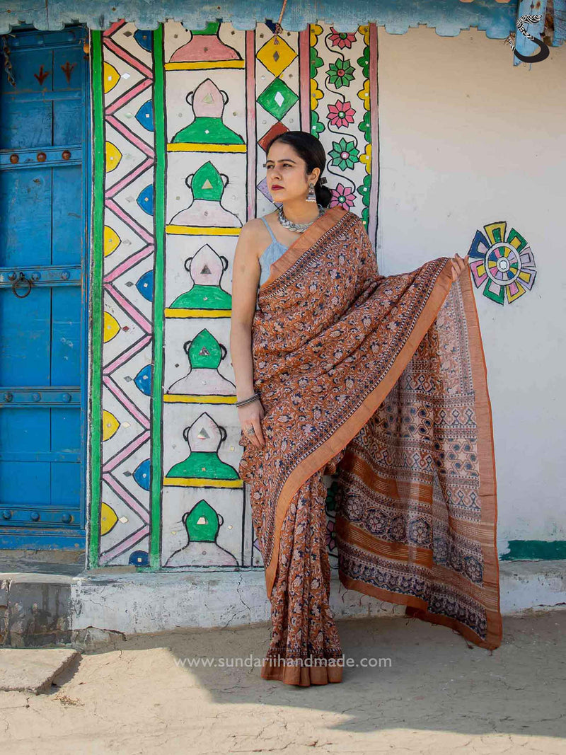 Gudhail Ajrakh Linen Silk Zari Saree