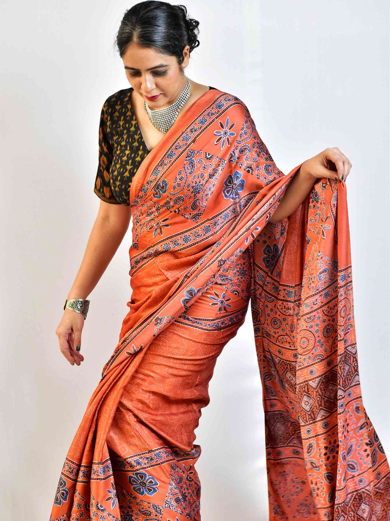 Pathway  - Ajrakh hand block printed Modal Silk Saree