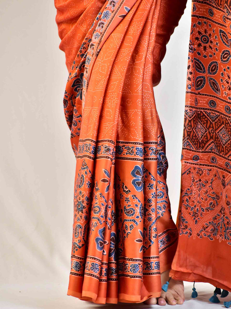 Pathway  - Ajrakh hand block printed Modal Silk Saree