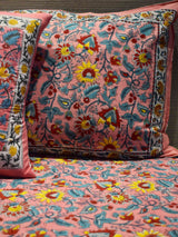 Muskan - Floral block printed cotton double bedsheet with pillow covers