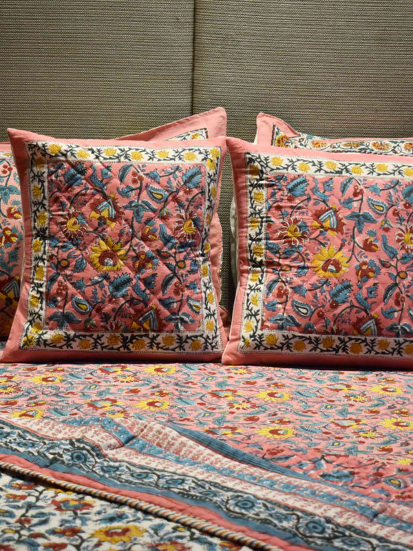 Muskan - Floral block printed cotton double bedsheet with pillow covers