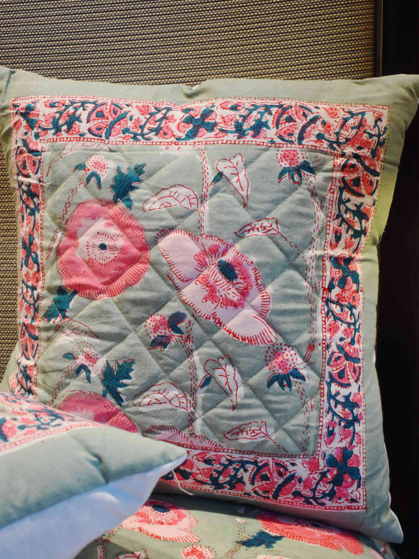 Flute  - Hand block printed quilted cotton cushion cover 16X16