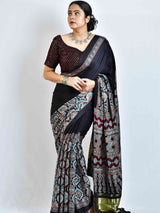 Avril  - Ajrakh hand block printed Modal Silk Saree with zari pallu