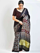 Avril  - Ajrakh hand block printed Modal Silk Saree with zari pallu
