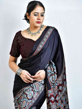 Avril  - Ajrakh hand block printed Modal Silk Saree with zari pallu