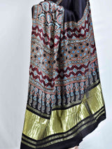 Avril  - Ajrakh hand block printed Modal Silk Saree with zari pallu