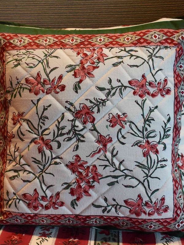 Creepers  - Hand block printed quilted cotton cushion cover 16X16