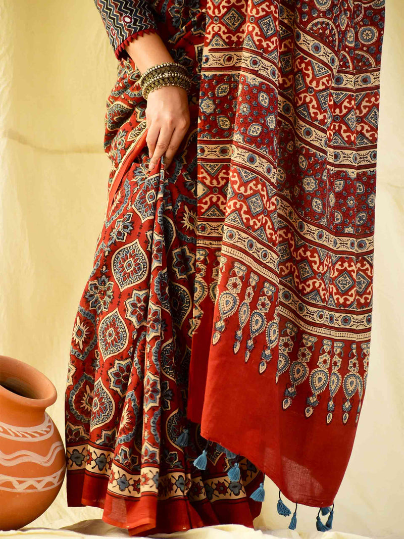 Sajna -  Ajrakh hand block printed mul cotton saree