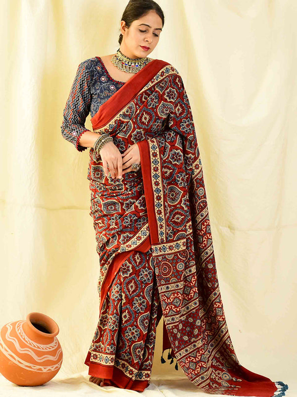 Sajna -  Ajrakh hand block printed mul cotton saree