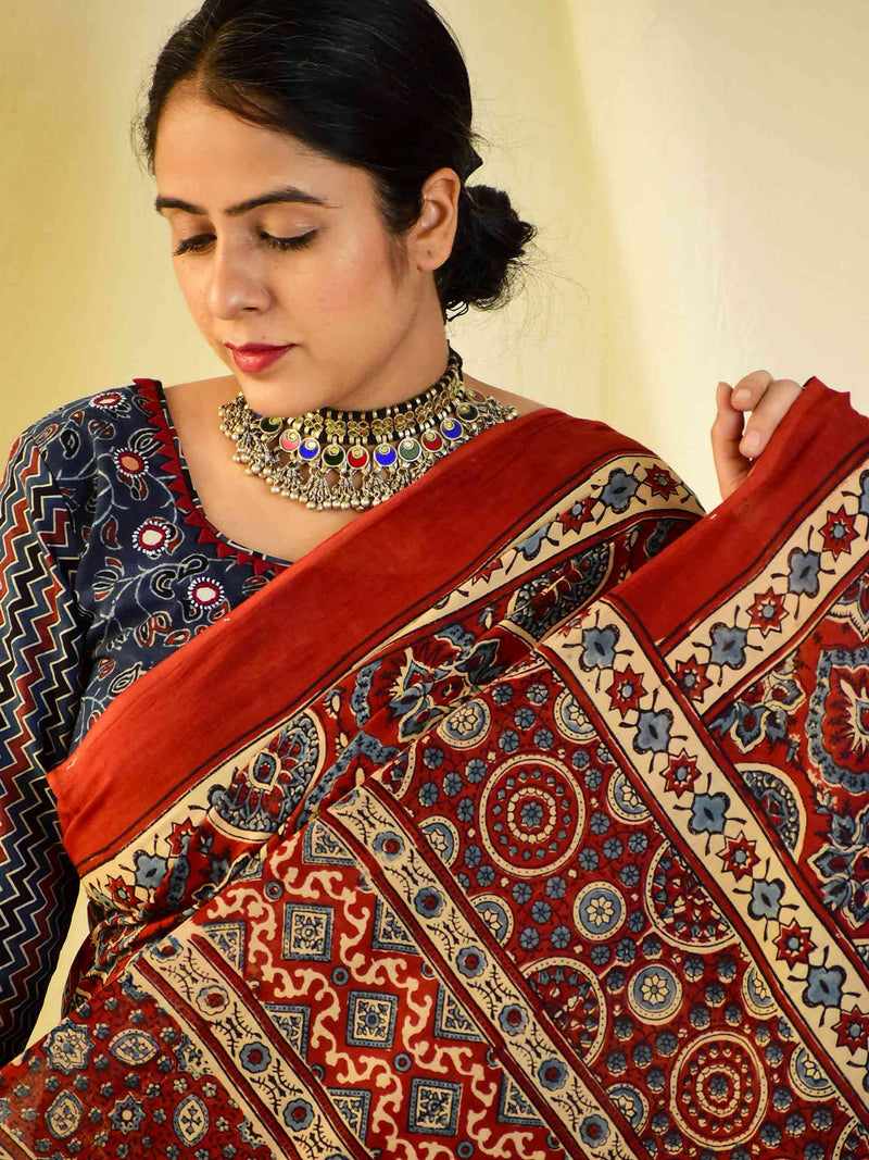 Sajna -  Ajrakh hand block printed mul cotton saree