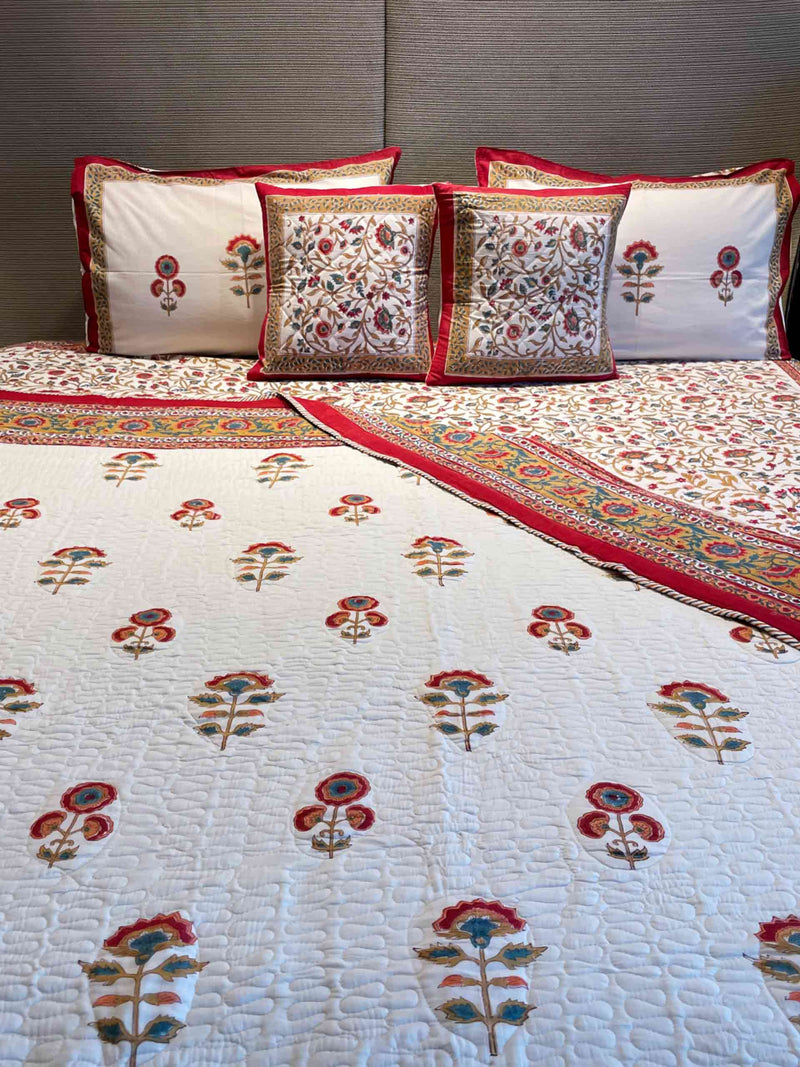 Nindiya - Floral block printed cotton double bedsheet with pillow covers