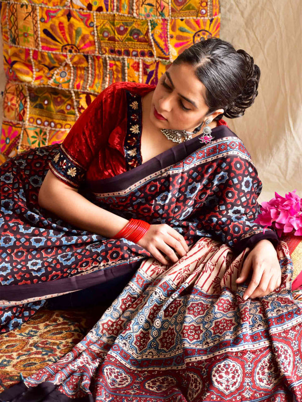 Sitara - Ajrakh hand block printed Modal Silk Saree