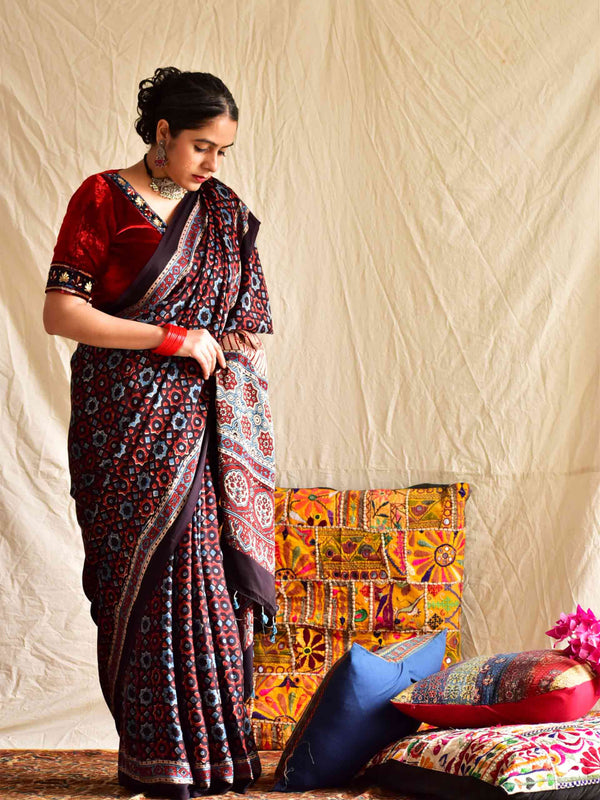 Sitara - Ajrakh hand block printed Modal Silk Saree