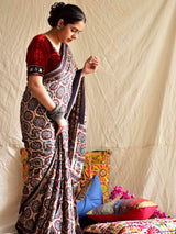 Safeda - Ajrakh hand block printed Modal Silk Saree