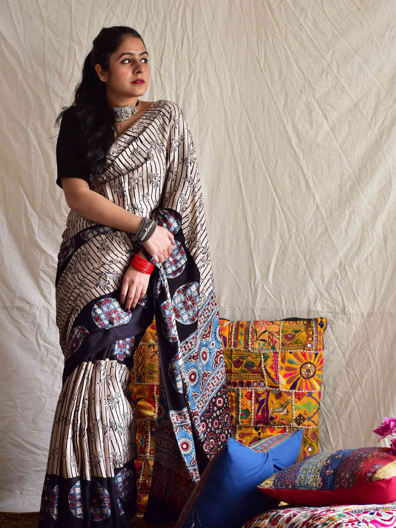 Saanjh - hand block printed Modal Silk Saree