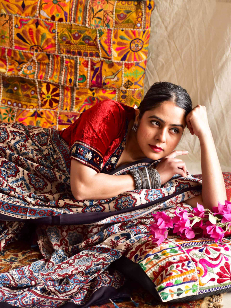Safeda - Ajrakh hand block printed Modal Silk Saree