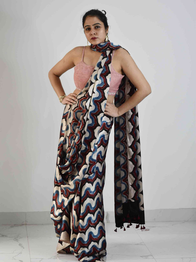 Muqarnas - White Ajrakh Mashru Silk Saree
