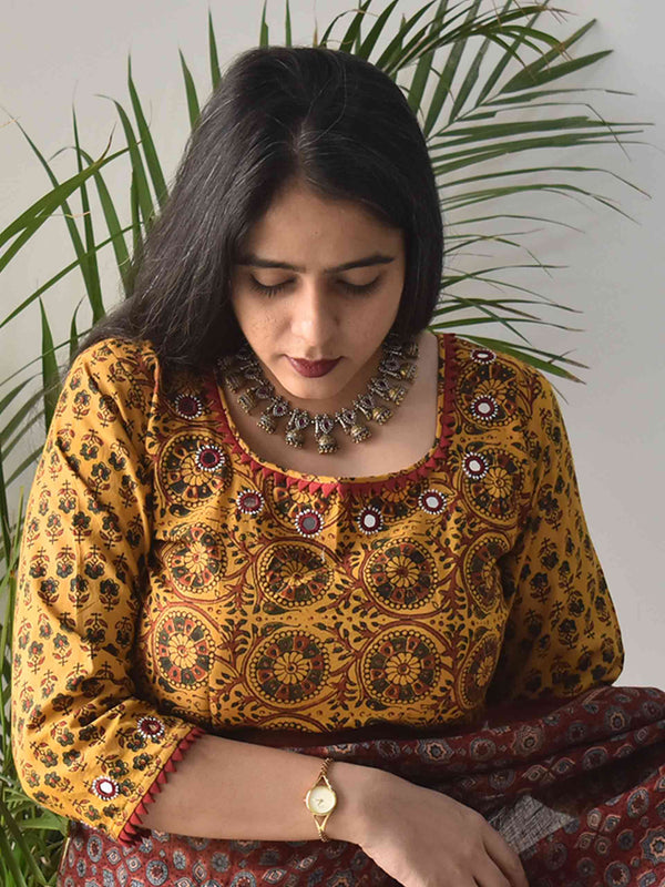 Yellow Ajrakh hand block printed Kutch mirror work blouse