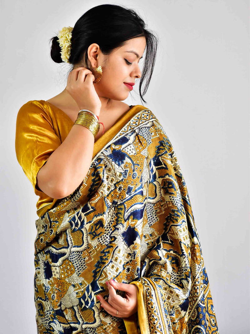 habeeb - Ajrakh mashru silk saree with zari pallu