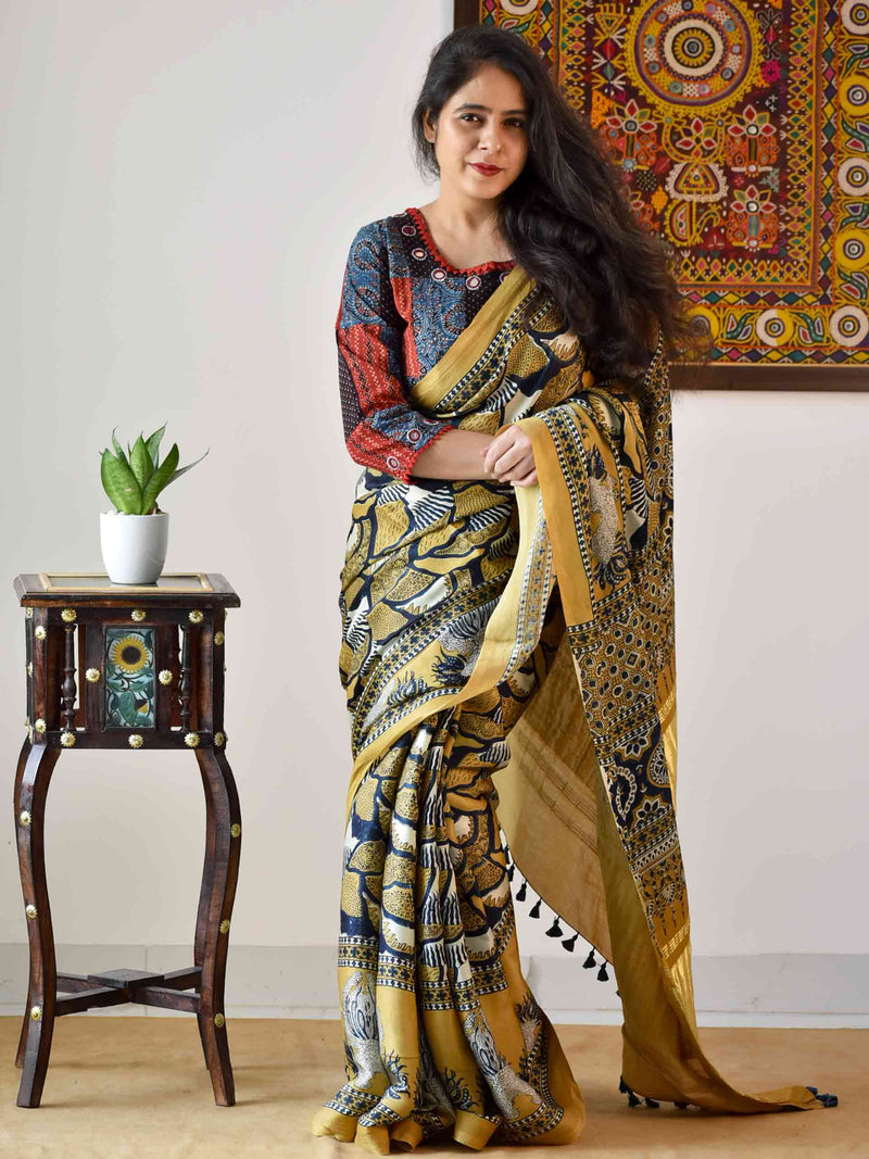 Ajrakh hand block printed Modal Silk Saree with zari pallu