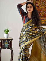 Ajrakh hand block printed Modal Silk Saree with zari pallu