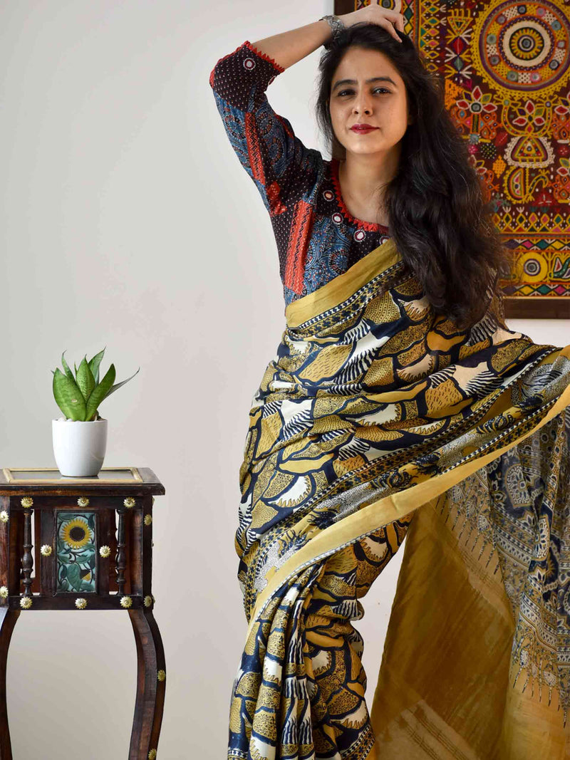 Ajrakh hand block printed Modal Silk Saree with zari pallu