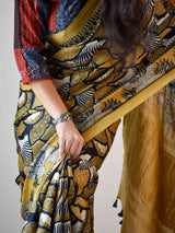 Ajrakh hand block printed Modal Silk Saree with zari pallu