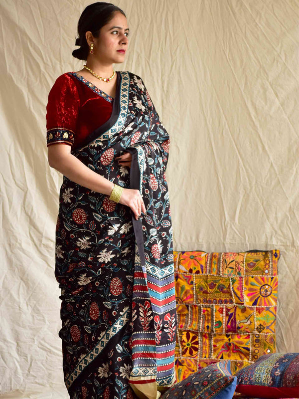 Pomegranate - hand block printed Modal Silk Saree wih zari pallu