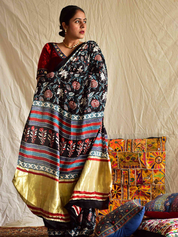 Pomegranate - hand block printed Modal Silk Saree wih zari pallu