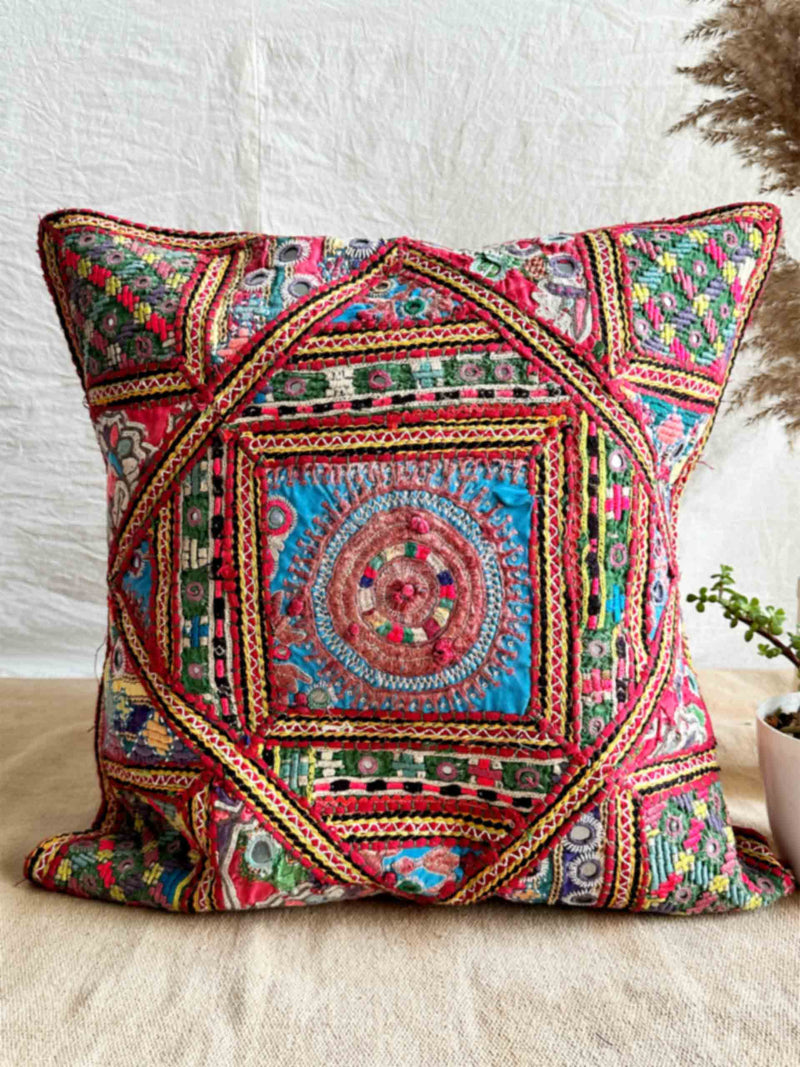 Pushp - hand embroidered mirror work cushion cover 18X18