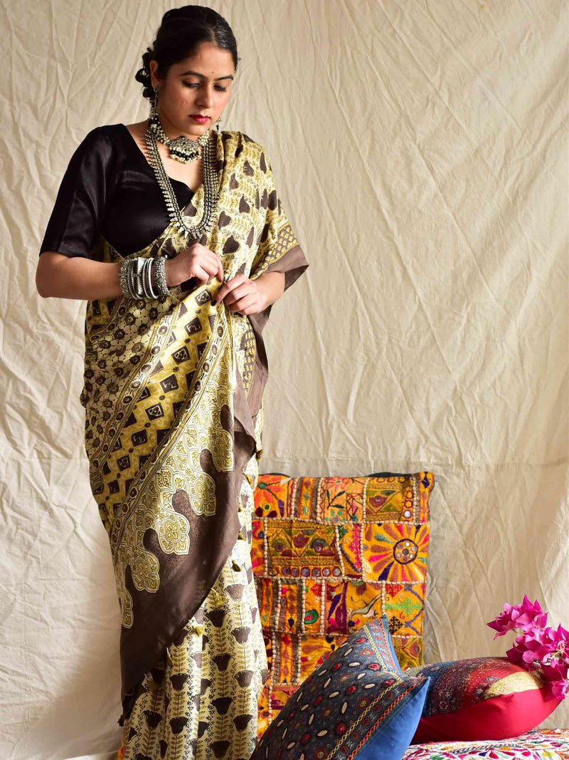 magical tulips - Ajrakh hand block printed Modal Silk Saree