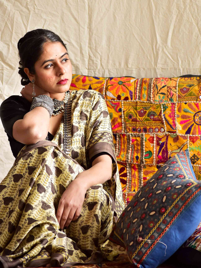 magical tulips - Ajrakh hand block printed Modal Silk Saree