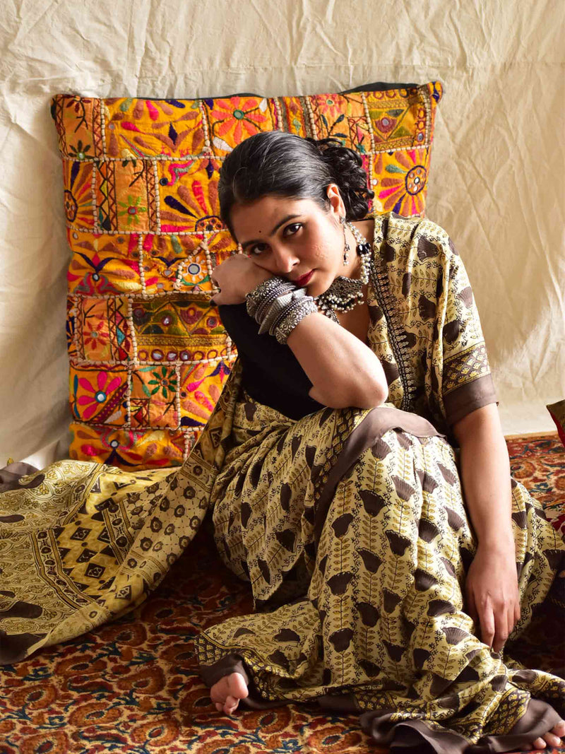 magical tulips - Ajrakh hand block printed Modal Silk Saree