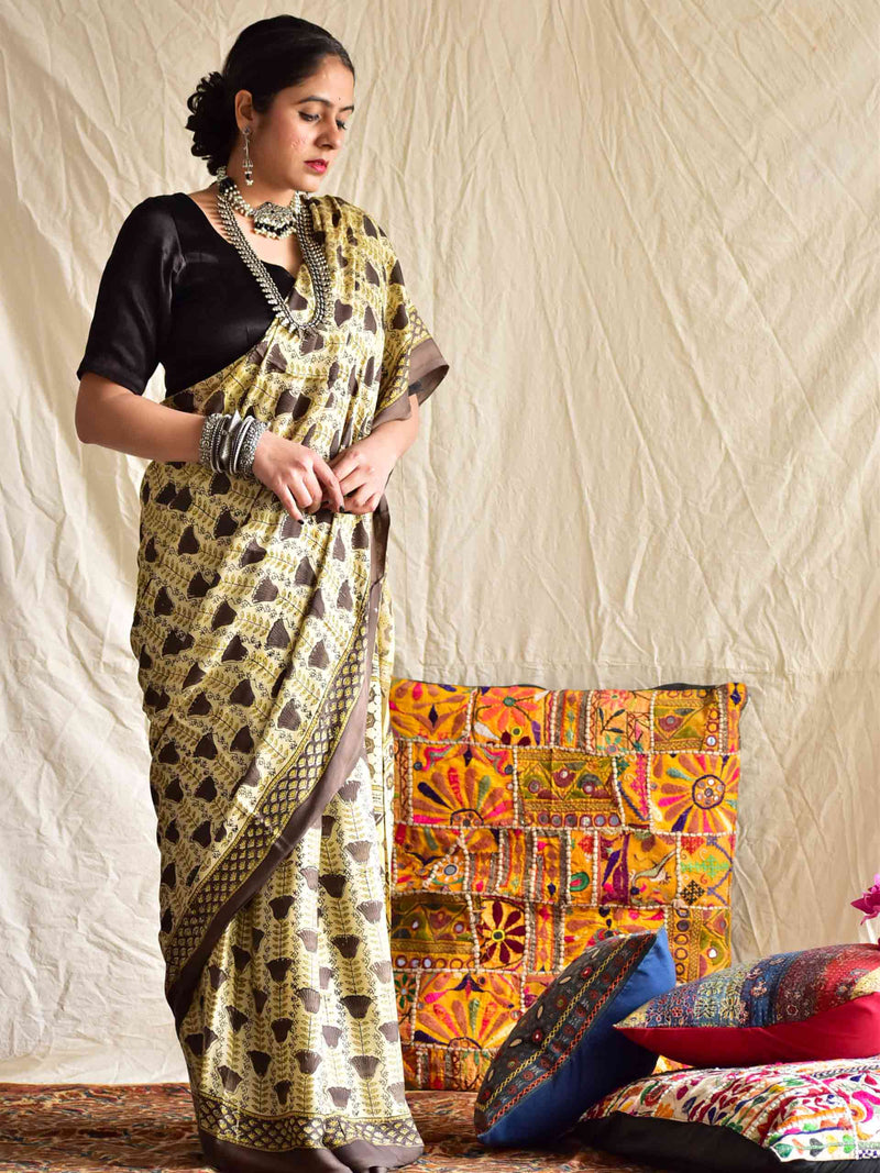 magical tulips - Ajrakh hand block printed Modal Silk Saree
