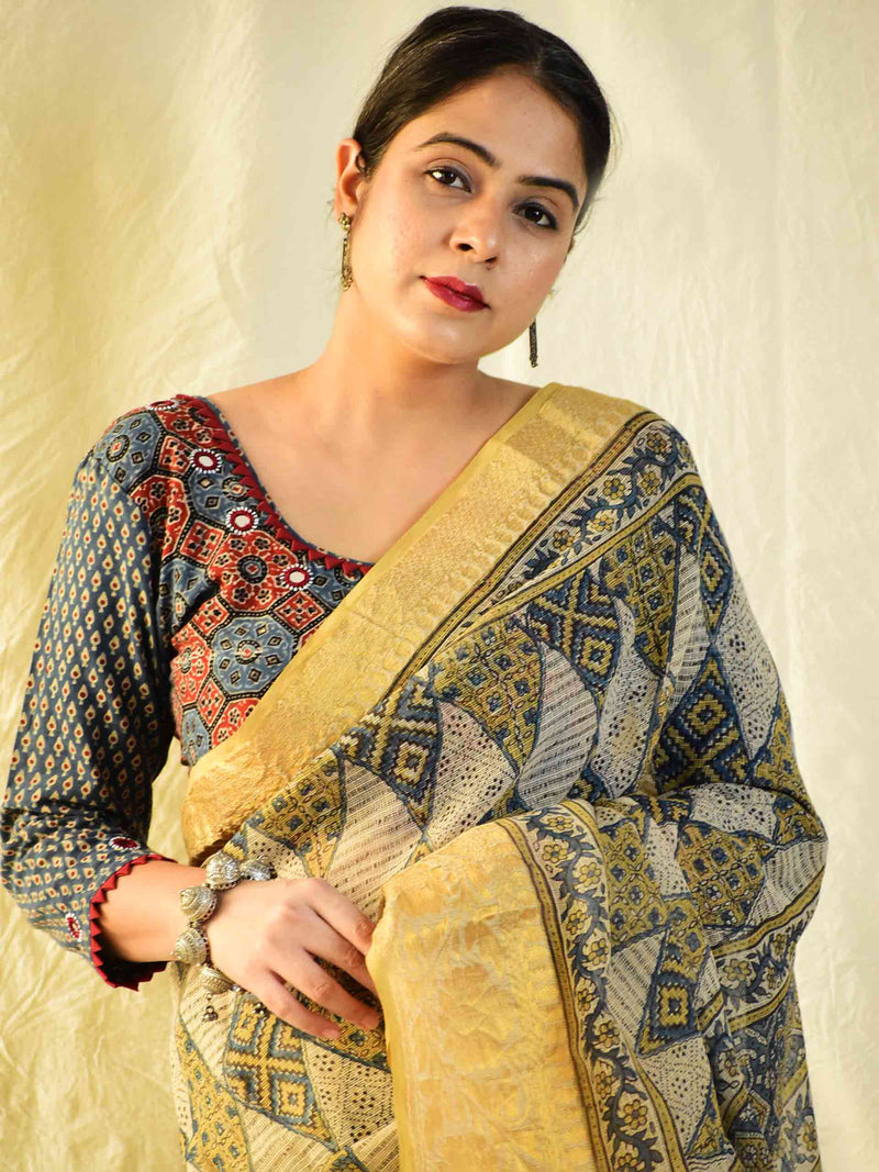 Kashish - Ajrakh handloom Kota Doria saree with zari border