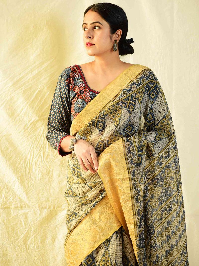 Kashish - Ajrakh handloom Kota Doria saree with zari border