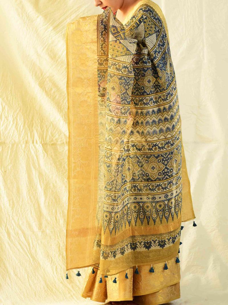 Kashish - Ajrakh handloom Kota Doria saree with zari border