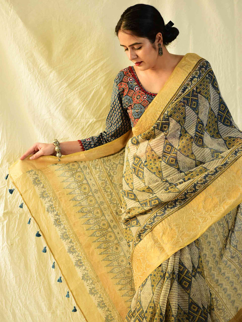 Kashish - Ajrakh handloom Kota Doria saree with zari border