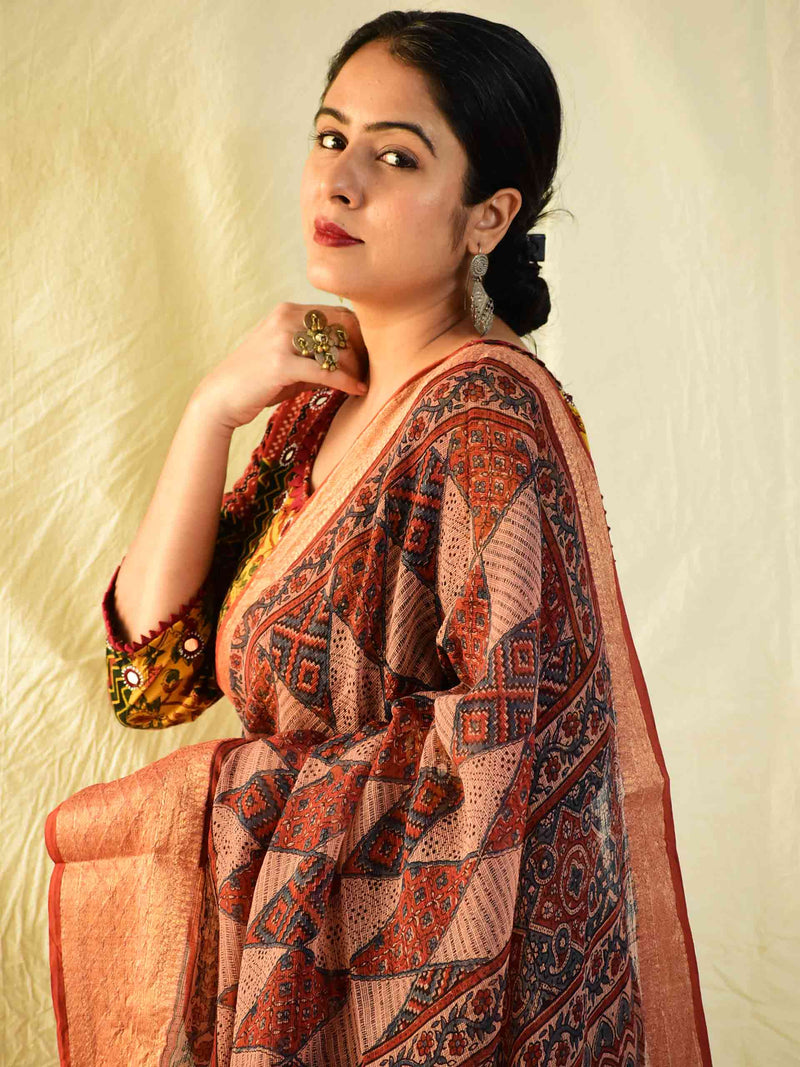 sawariyaan - Ajrakh handloom Kota Doria saree with zari border