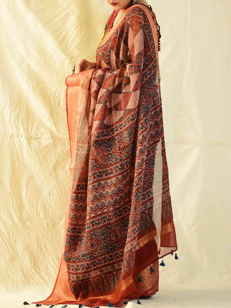 sawariyaan - Ajrakh handloom Kota Doria saree with zari border