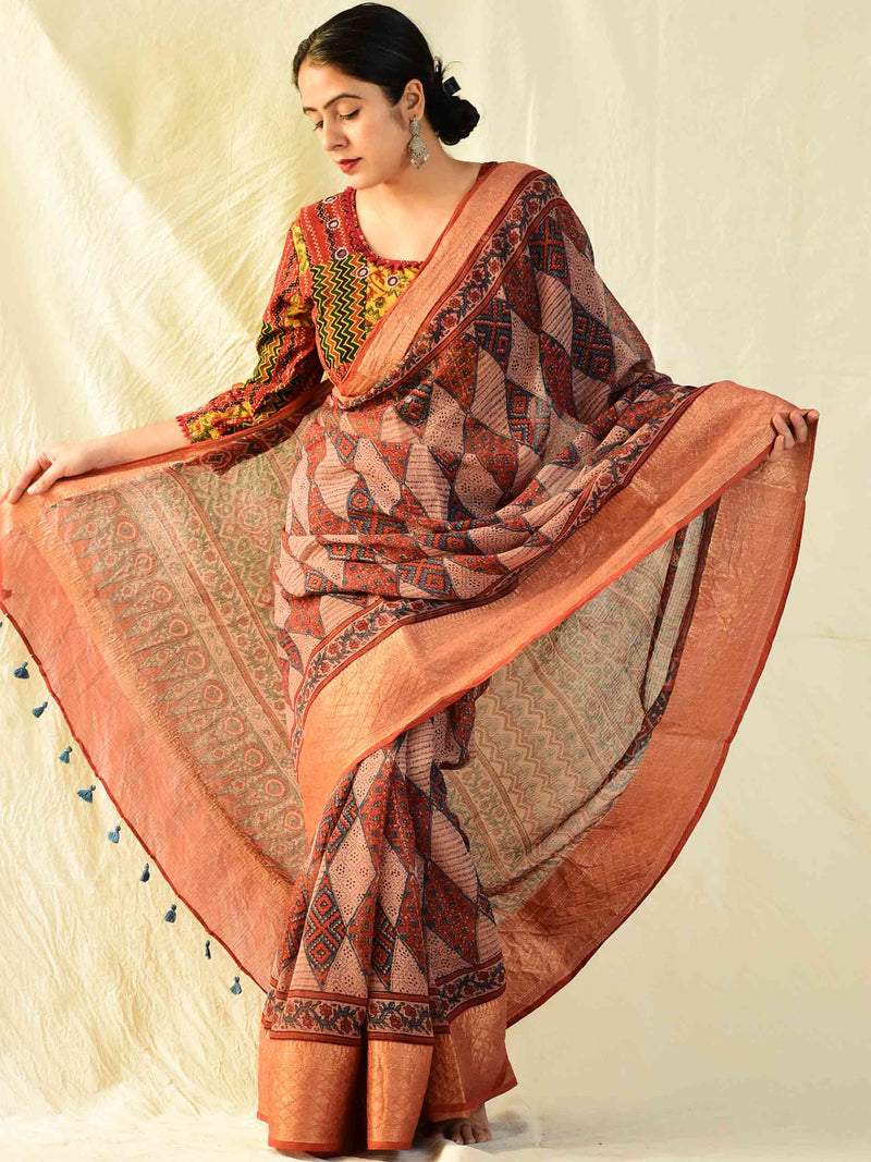 sawariyaan - Ajrakh handloom Kota Doria saree with zari border