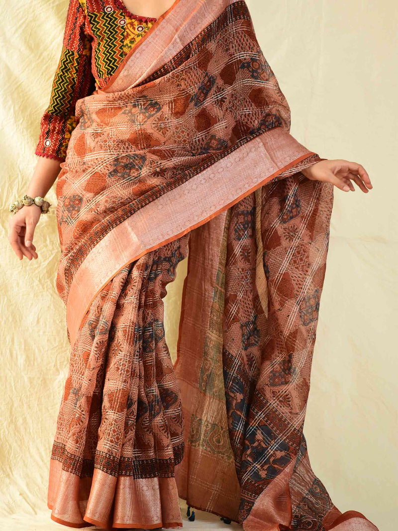 Kismat - Ajrakh handloom Kota Doria saree with zari border